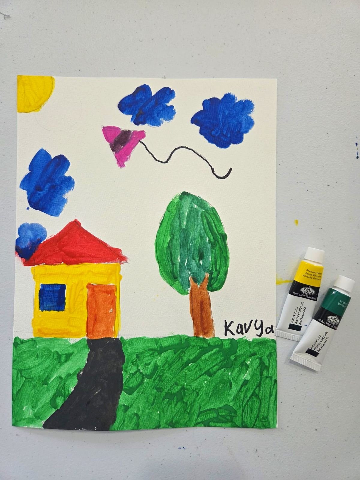 Student painting of a house and tree by a Little Painters class beginner